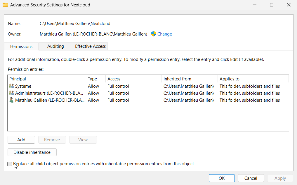 Open the advanced security properties dialog